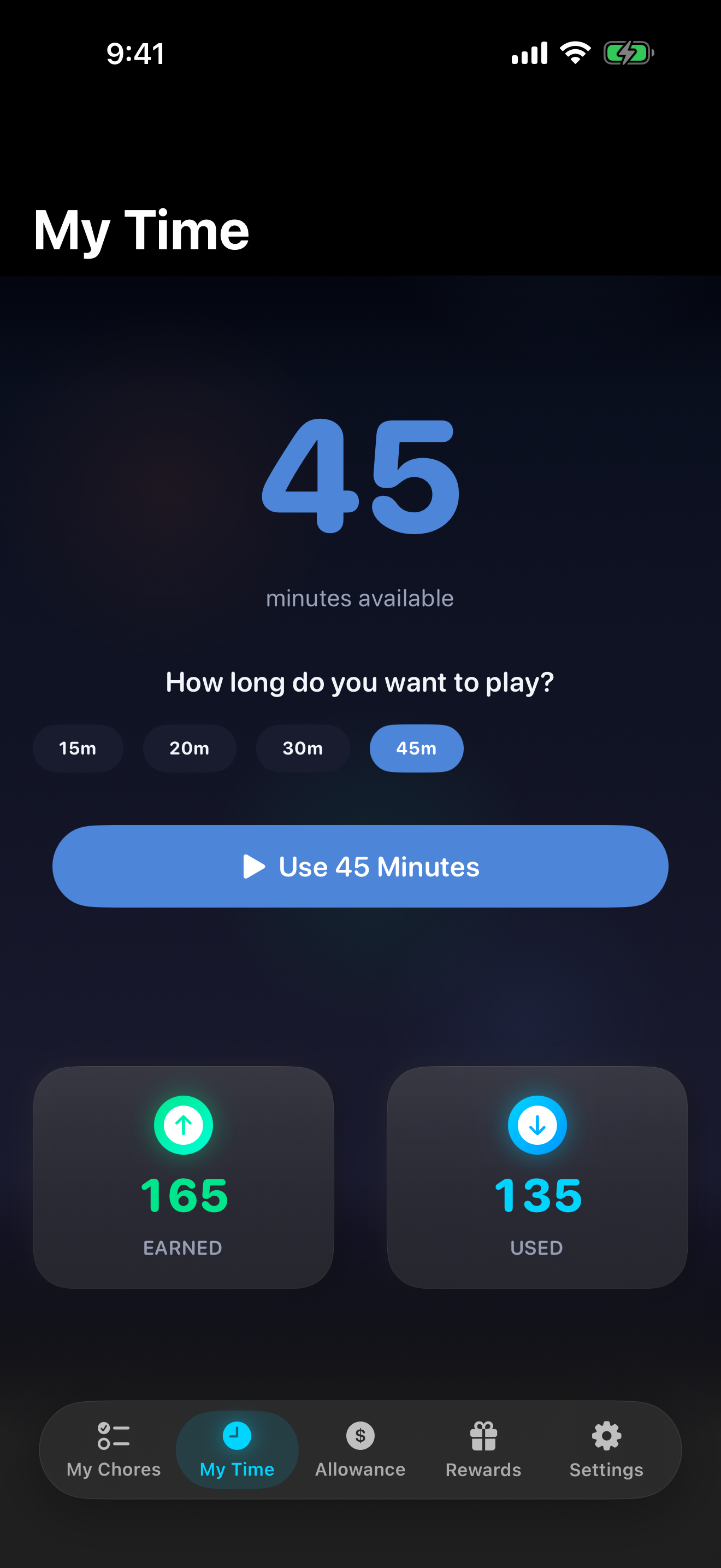 Screen-time countdown ring showing 16 minutes remaining