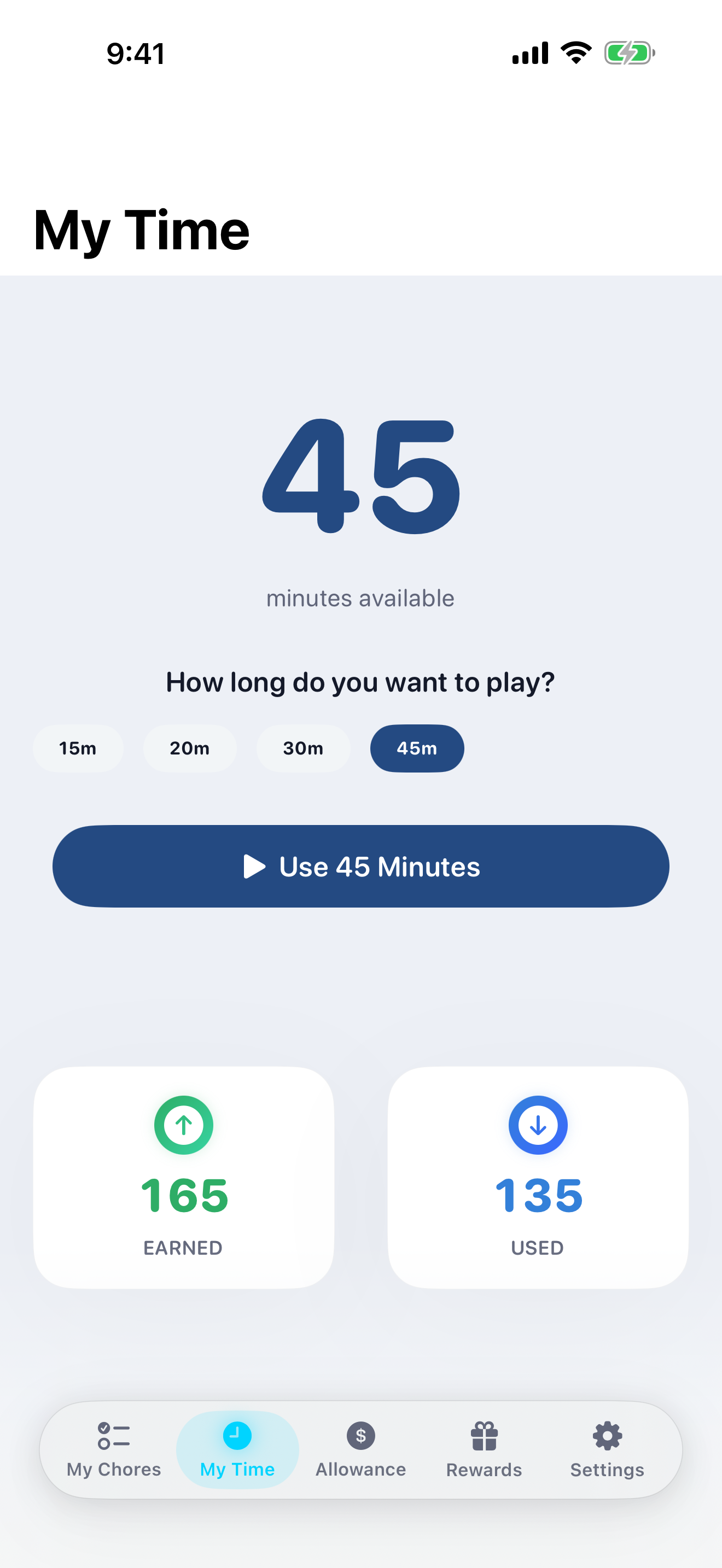 Screen-time countdown ring showing 16 minutes remaining