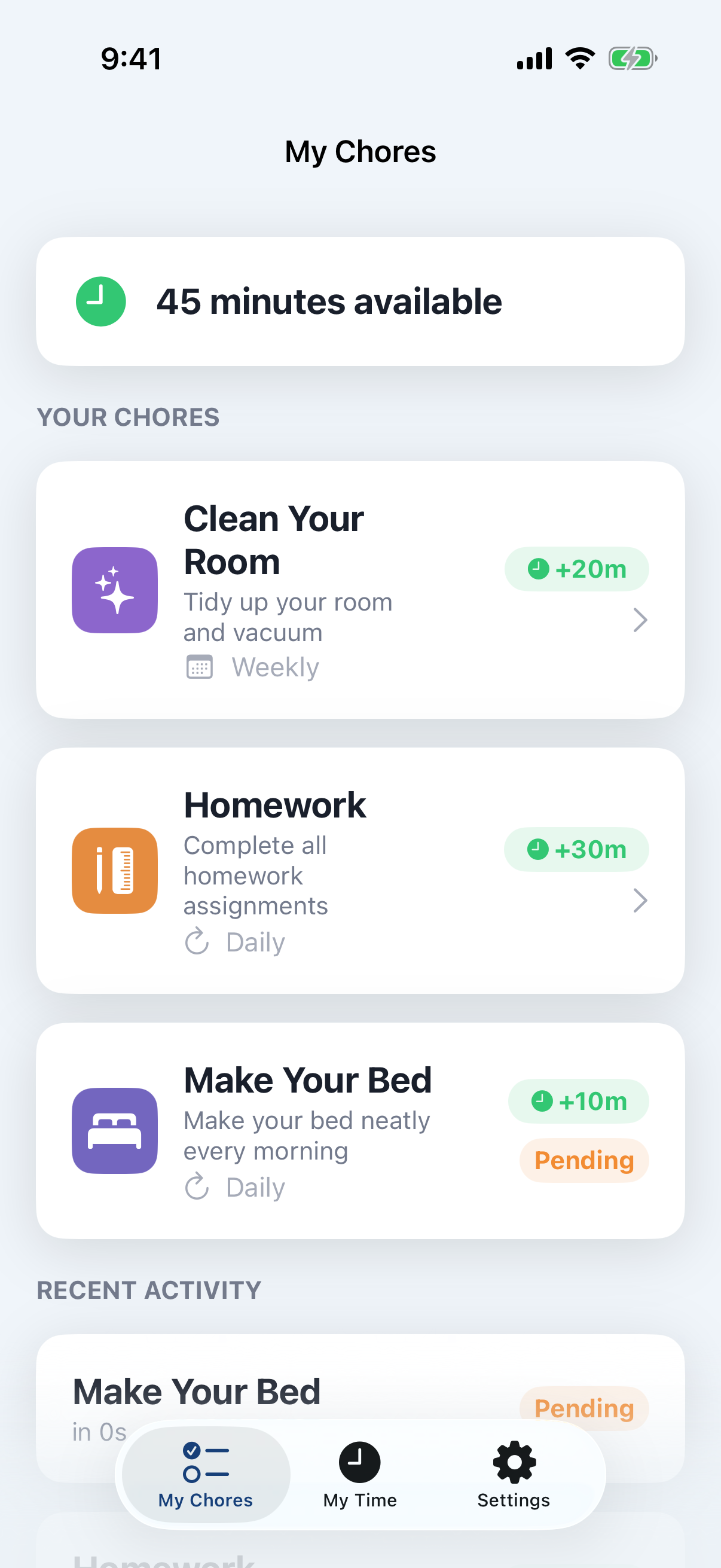 Applowance child dashboard showing chore list and 45 minutes available