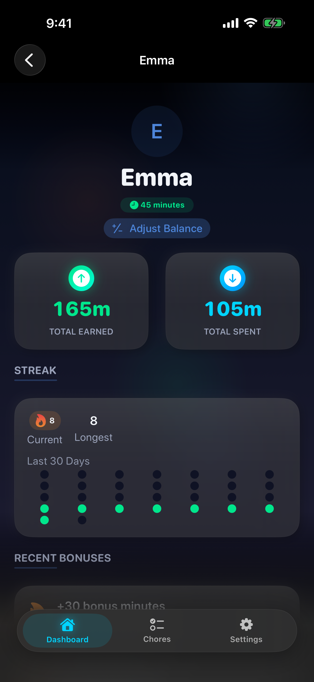 Child detail with streak heat map, bonus awards, and recent activity