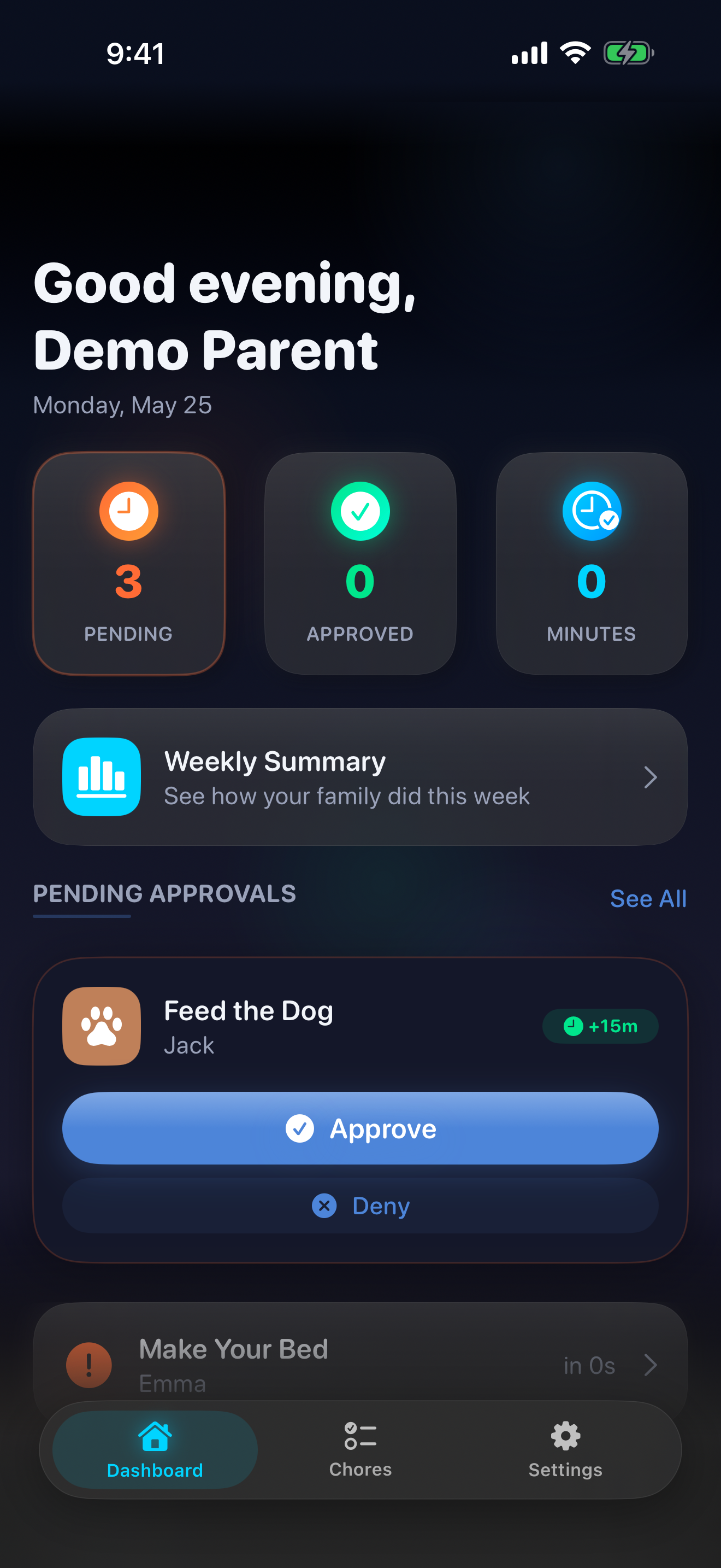 Parent dashboard with pending approvals and per-child summaries