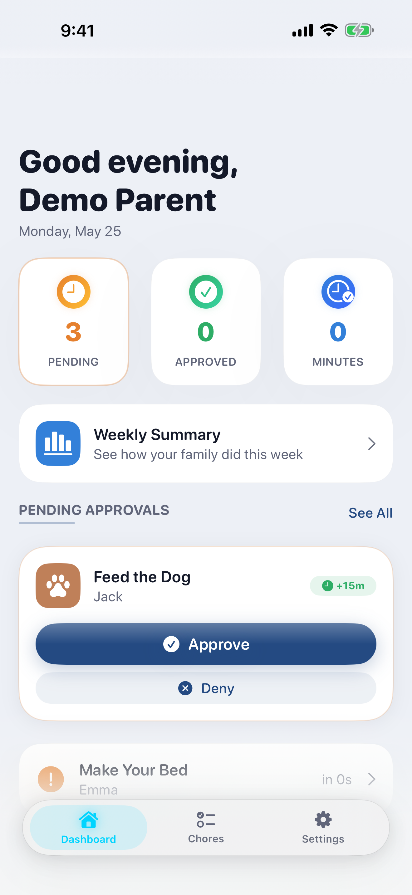 Parent dashboard with pending approvals and per-child summaries
