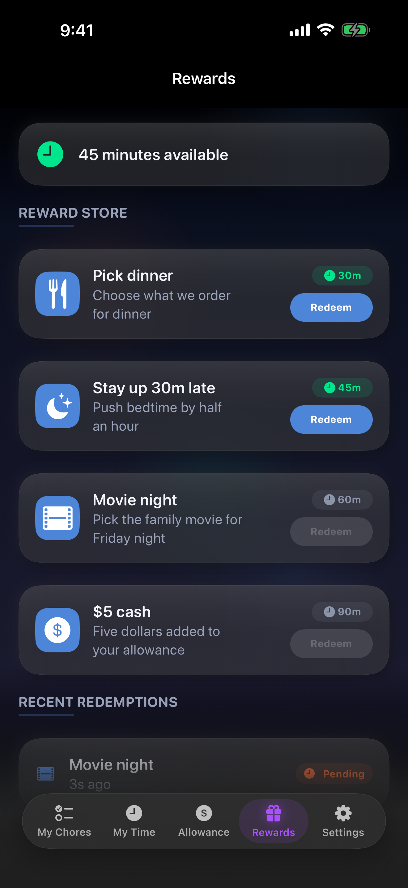 Custom reward store with movie night, dinner pick, and stay-up-late rewards