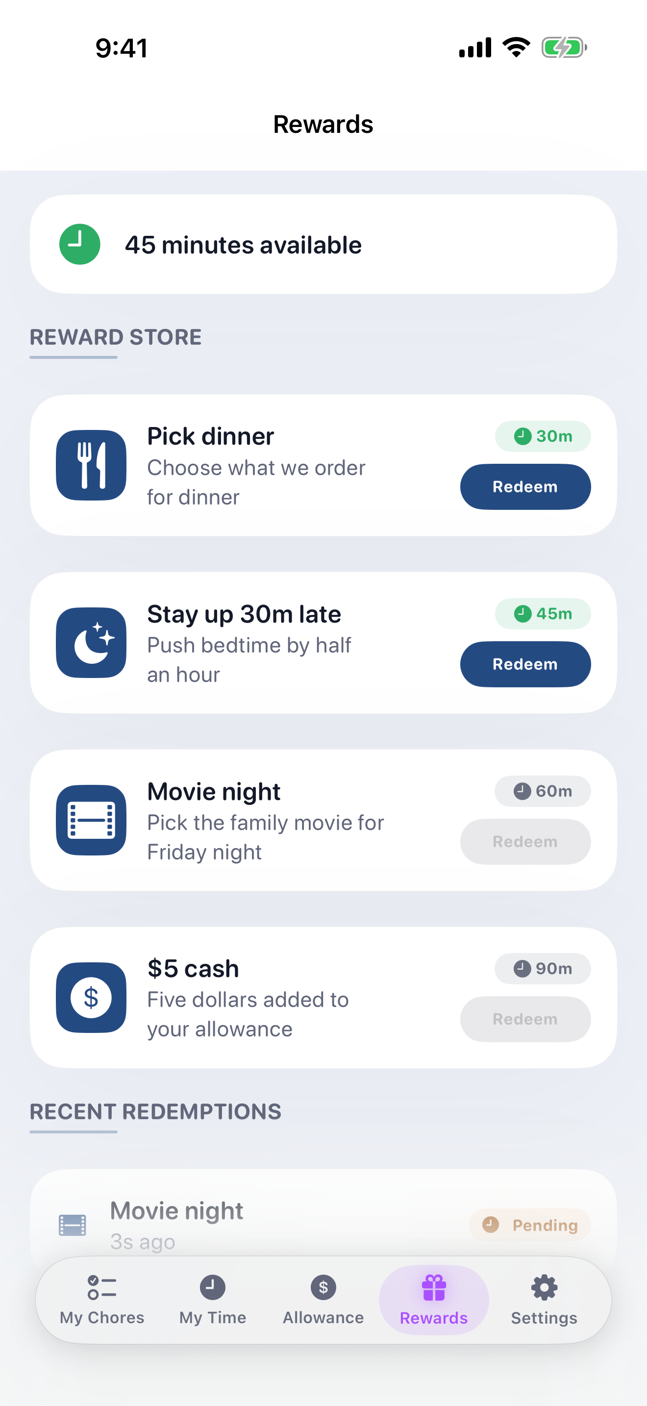 Custom reward store with movie night, dinner pick, and stay-up-late rewards